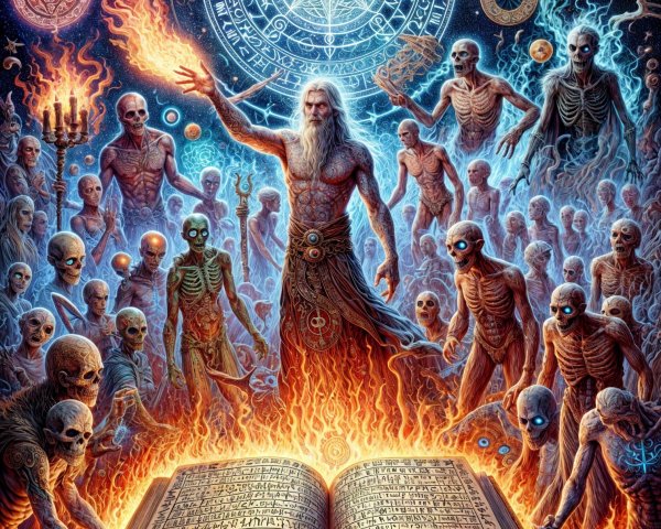Mystical Figure Surrounded by Flames and Cosmic Elements
