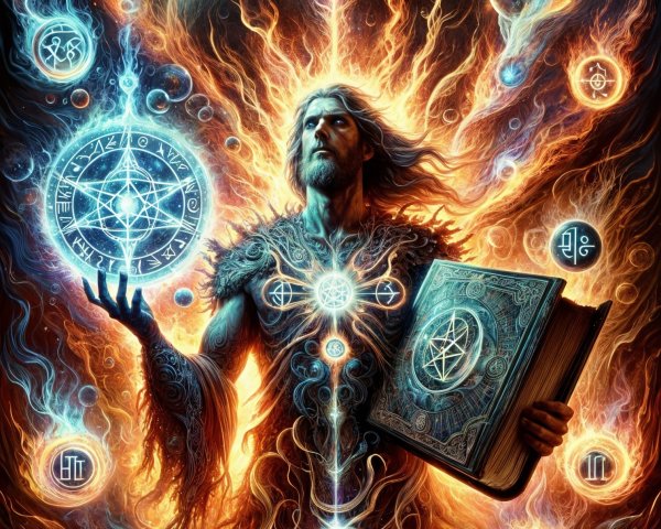 Mystical Figure with Ancient Book in Cosmic Setting