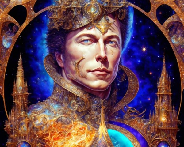 Regal Figure with Crown in Cosmic Background