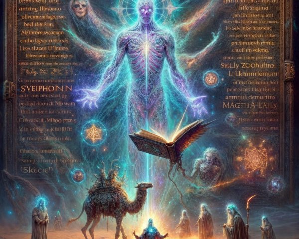 Mystical Desert Scene with Glowing Colossal Figure