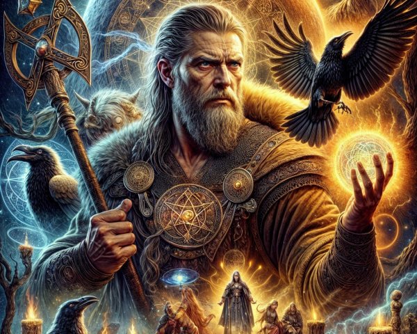 Norse God Figure with Staff and Mystical Symbols