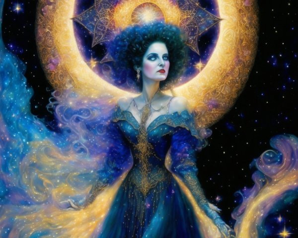 Mystical Woman in Cosmic Landscape with Halo