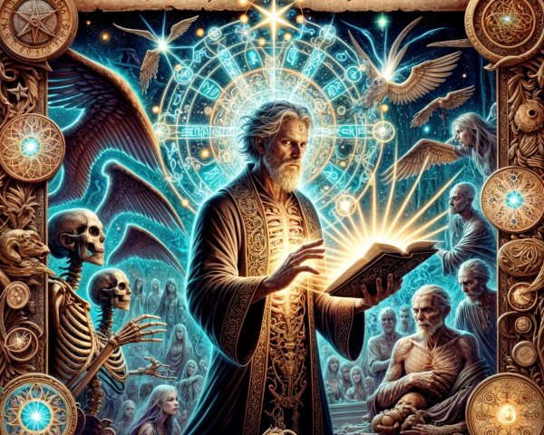 Ornate mystical scene with a wise figure and celestial motifs