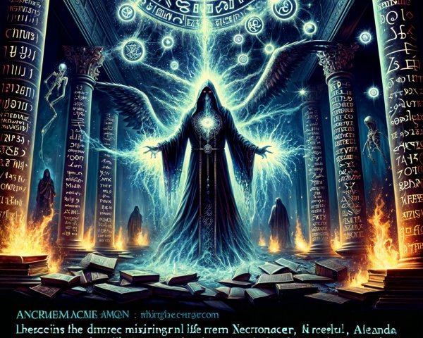 Dark Hooded Figure Amidst Glowing Ancient Columns