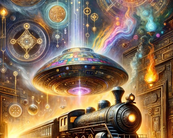 Vintage steam train on glowing railway in cosmic scene