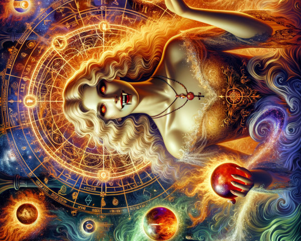 Mystical Artwork with Woman, Cosmic Elements, and Wolf
