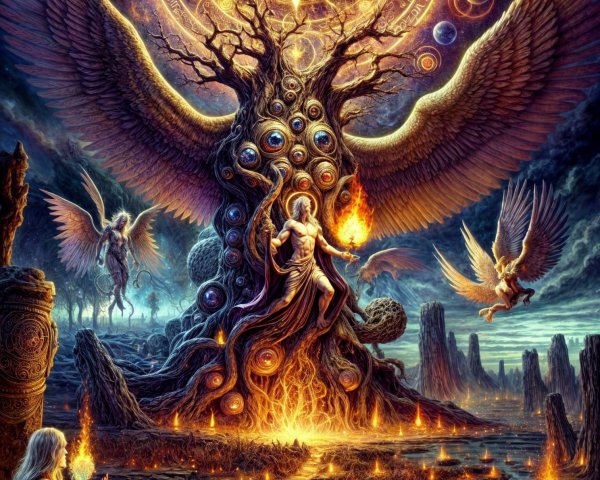 Mystical Scene of a Colossal Tree and Ethereal Beings