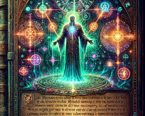 Ancient Book Page with Mystical Figure and Symbols