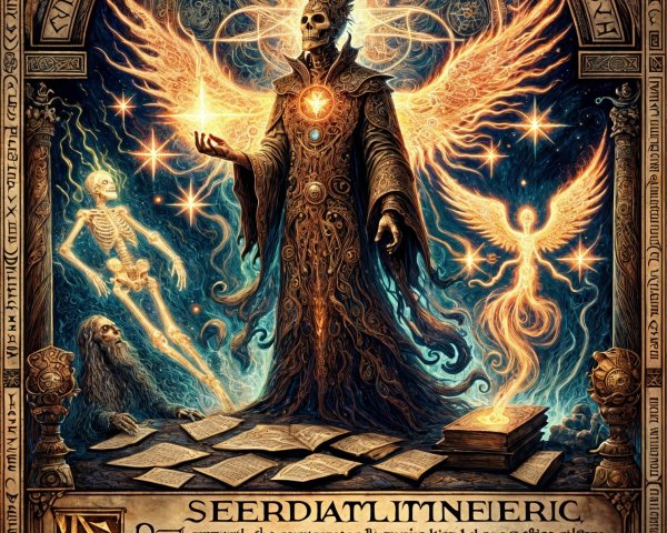 Mystical Figure on Platform with Cosmic Elements