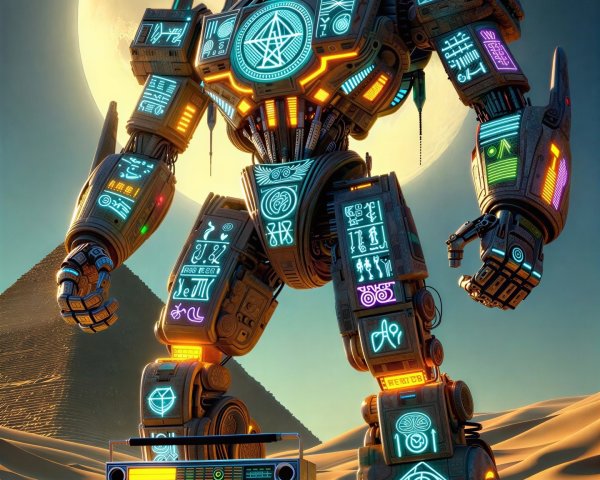 Robotic Mecha Armor in Desert with Full Moon and Pyramid