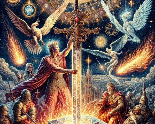 Majestic sword and celestial figures in mystical scene