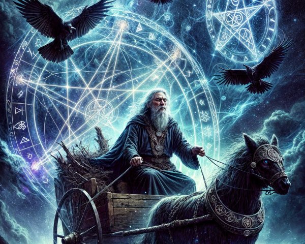 Elderly Figure in Cart Amidst Cosmic Mystical Scene