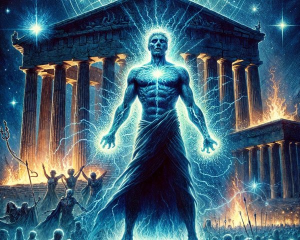 Mystical Figure Surrounded by Ancient Temple and Shadows