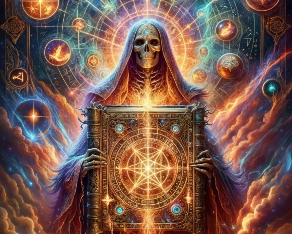 Skeletal Figure in Mystical Robe with Ancient Book