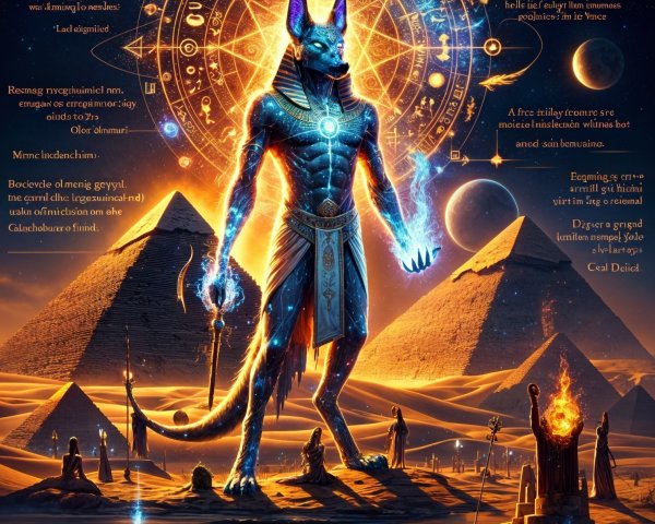 Cosmic Figure Surrounded by Illuminated Pyramids