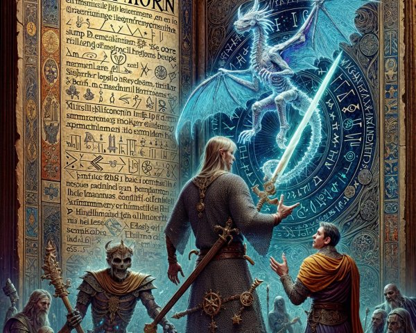 Mystical library with glowing book and dragon encounter