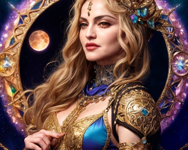 Regal figure in gold and blue attire with celestial motifs