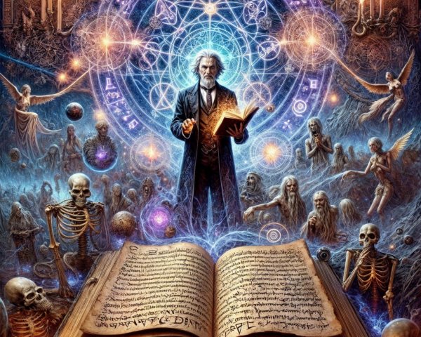 Mystical Sorcerer with Open Book and Ethereal Figures