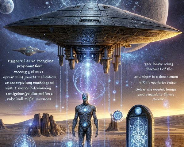 Futuristic Alien Landscape with Spacecraft and Symbols