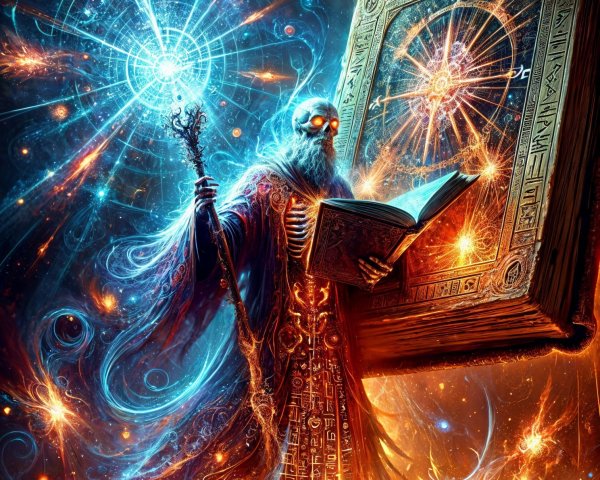 Mystical Figure with Ancient Book in Cosmic Setting