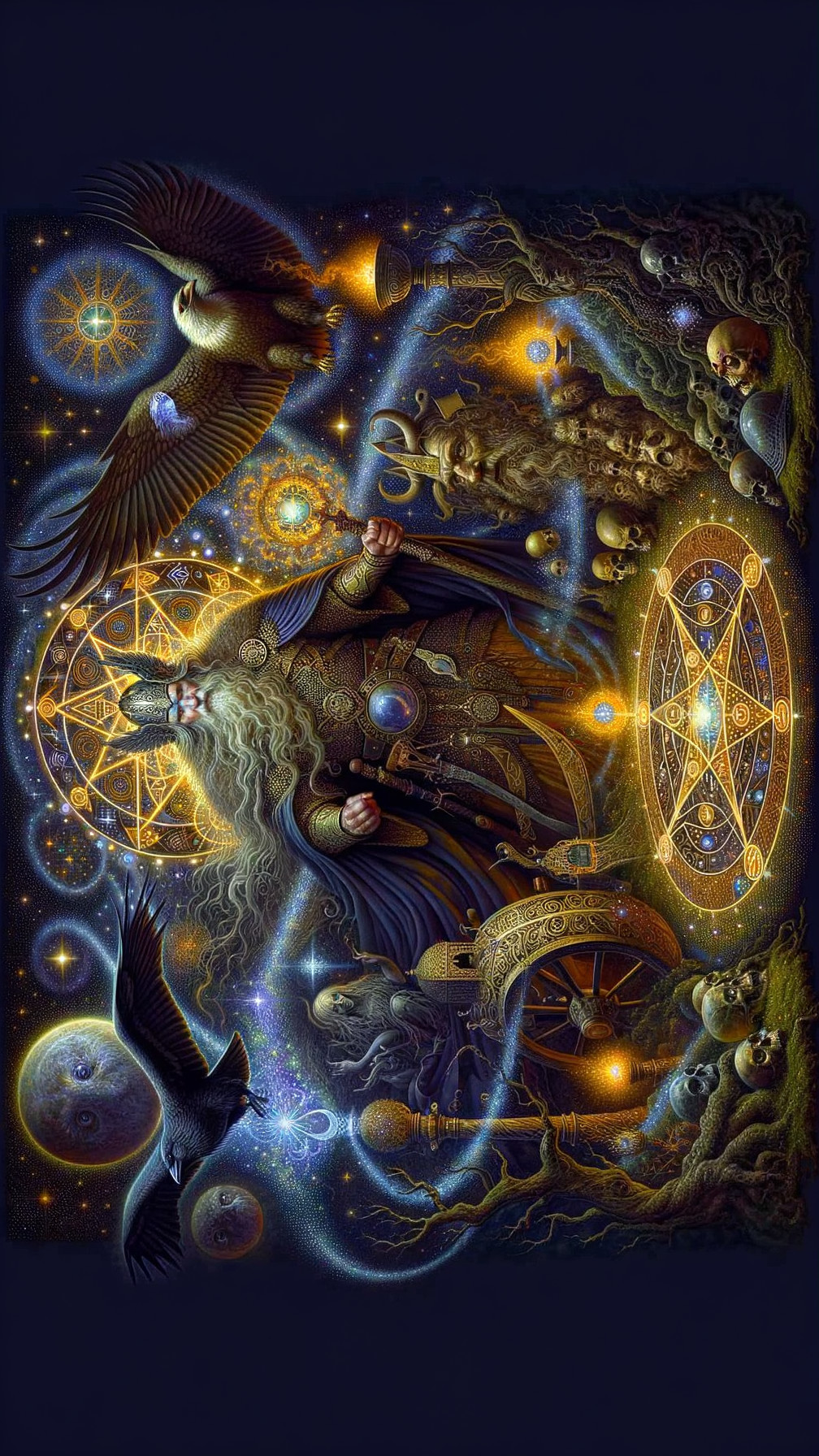 Ethereal Figure Surrounded by Cosmic Energies and Symbols