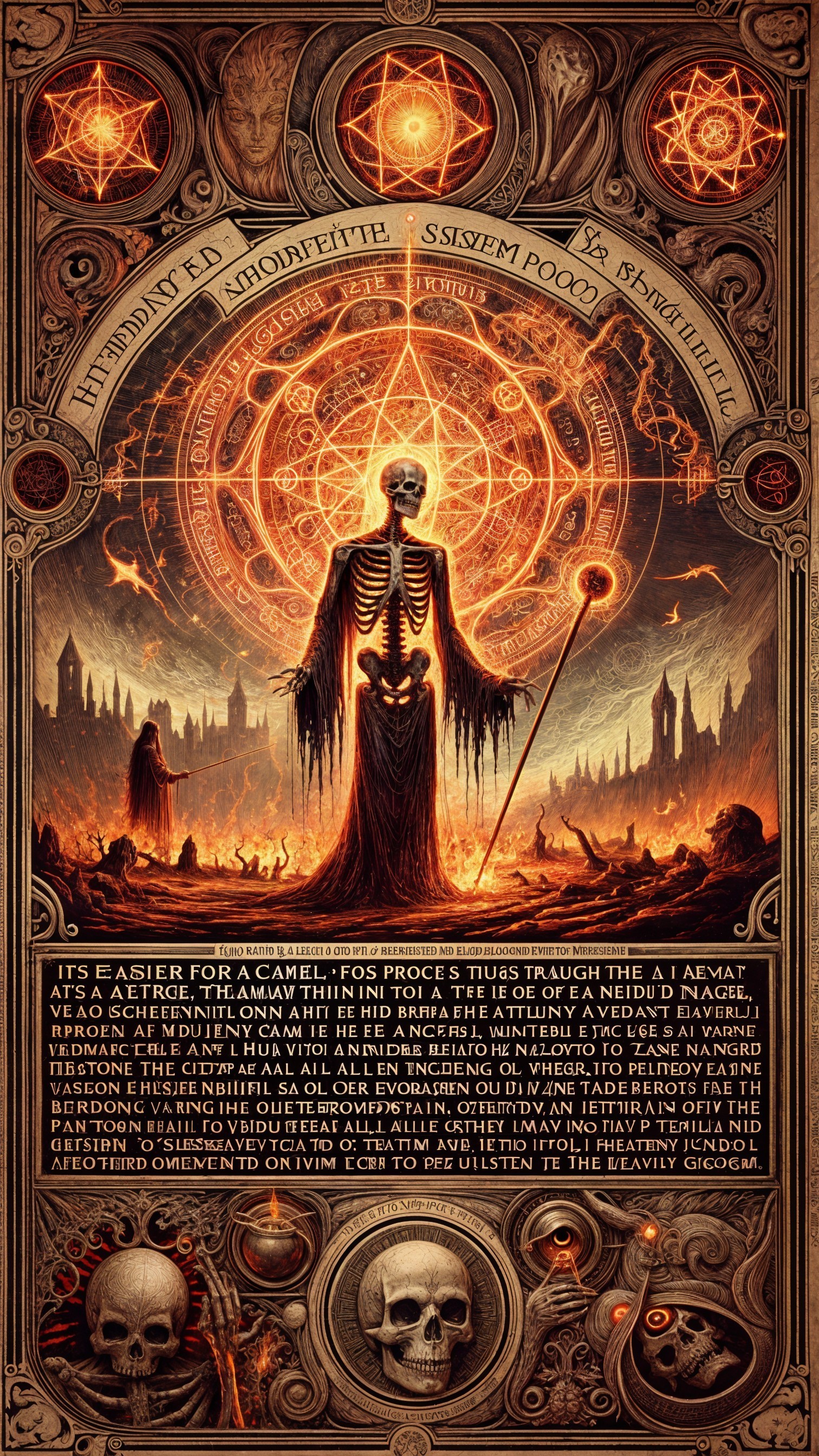 Gothic Scene with Skeletal Figure and Flames