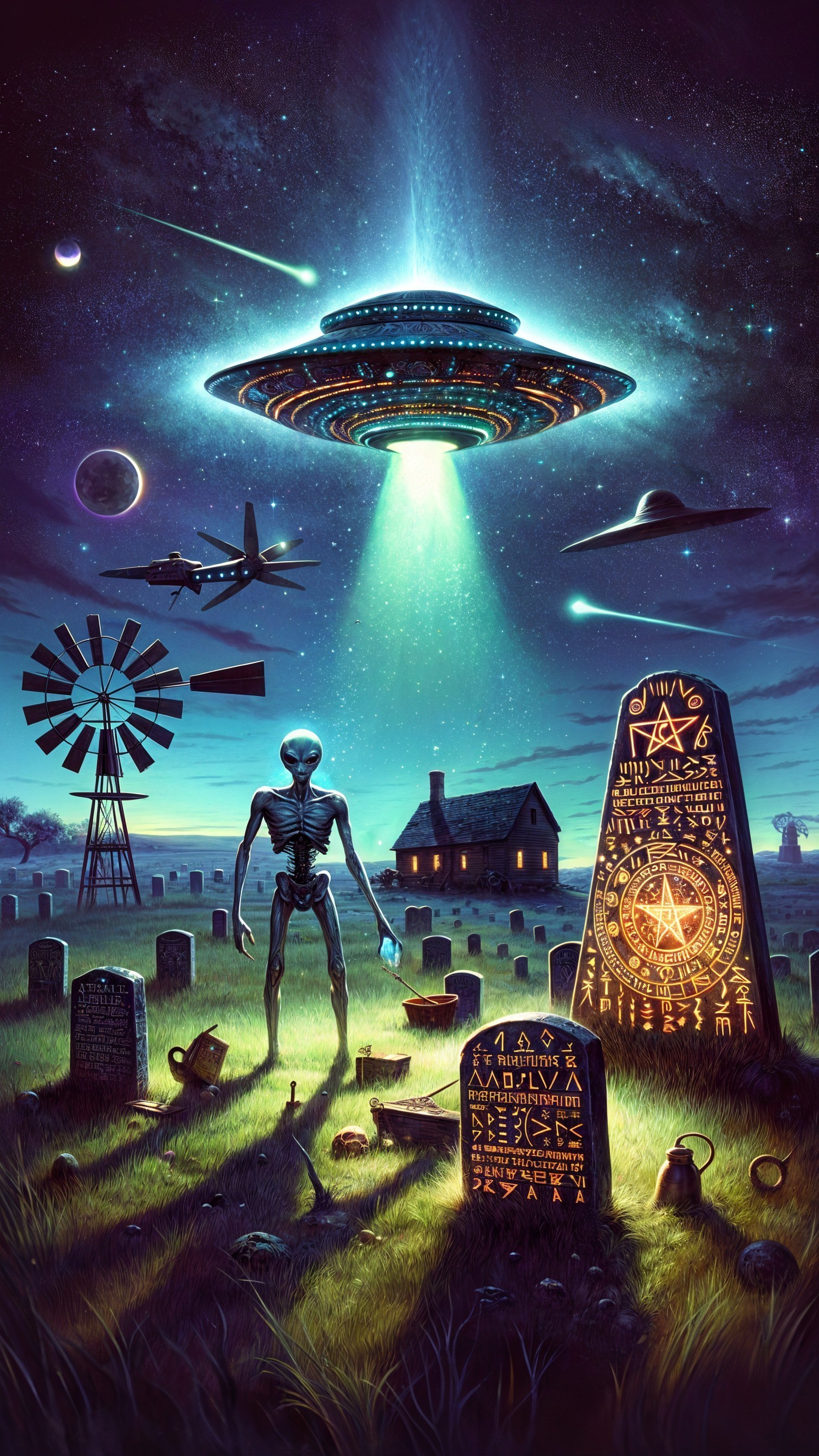 Graveyard Scene with UFO and Alien Figure