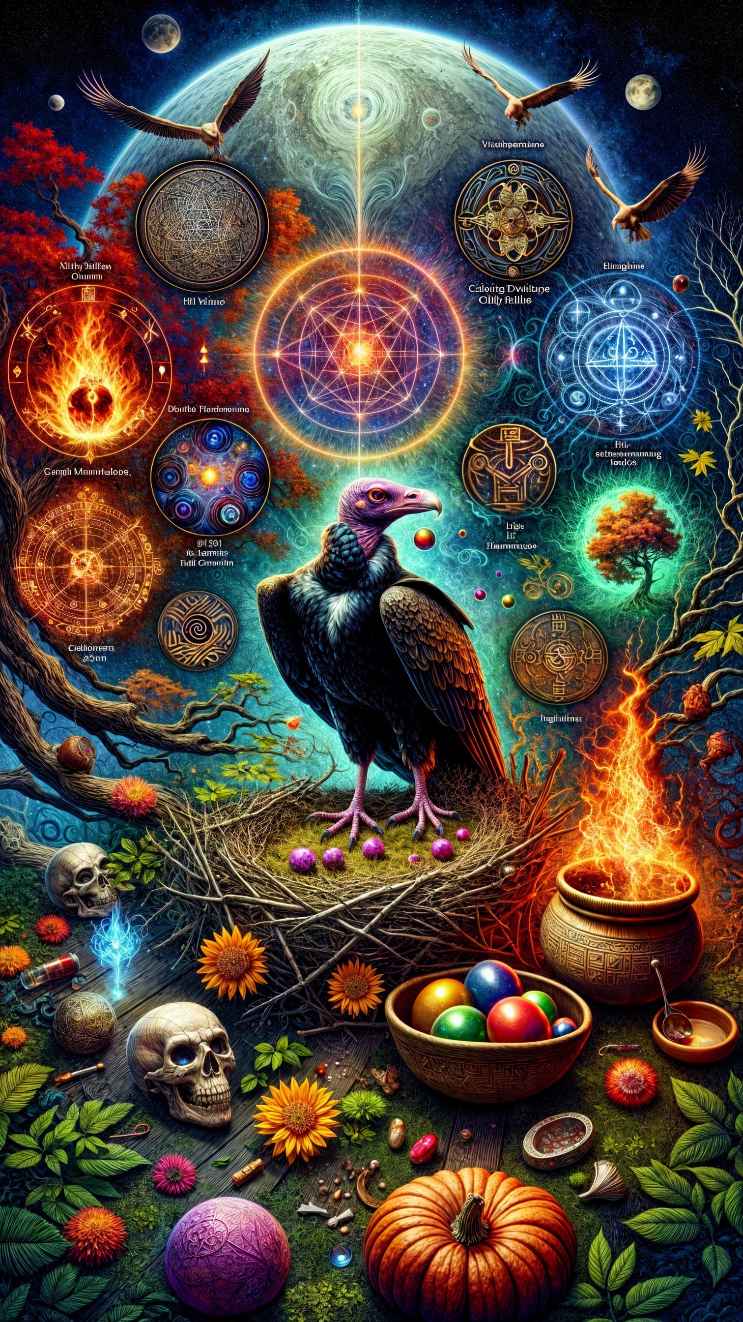 Surreal Vulture Nesting Among Colorful Cosmic Elements
