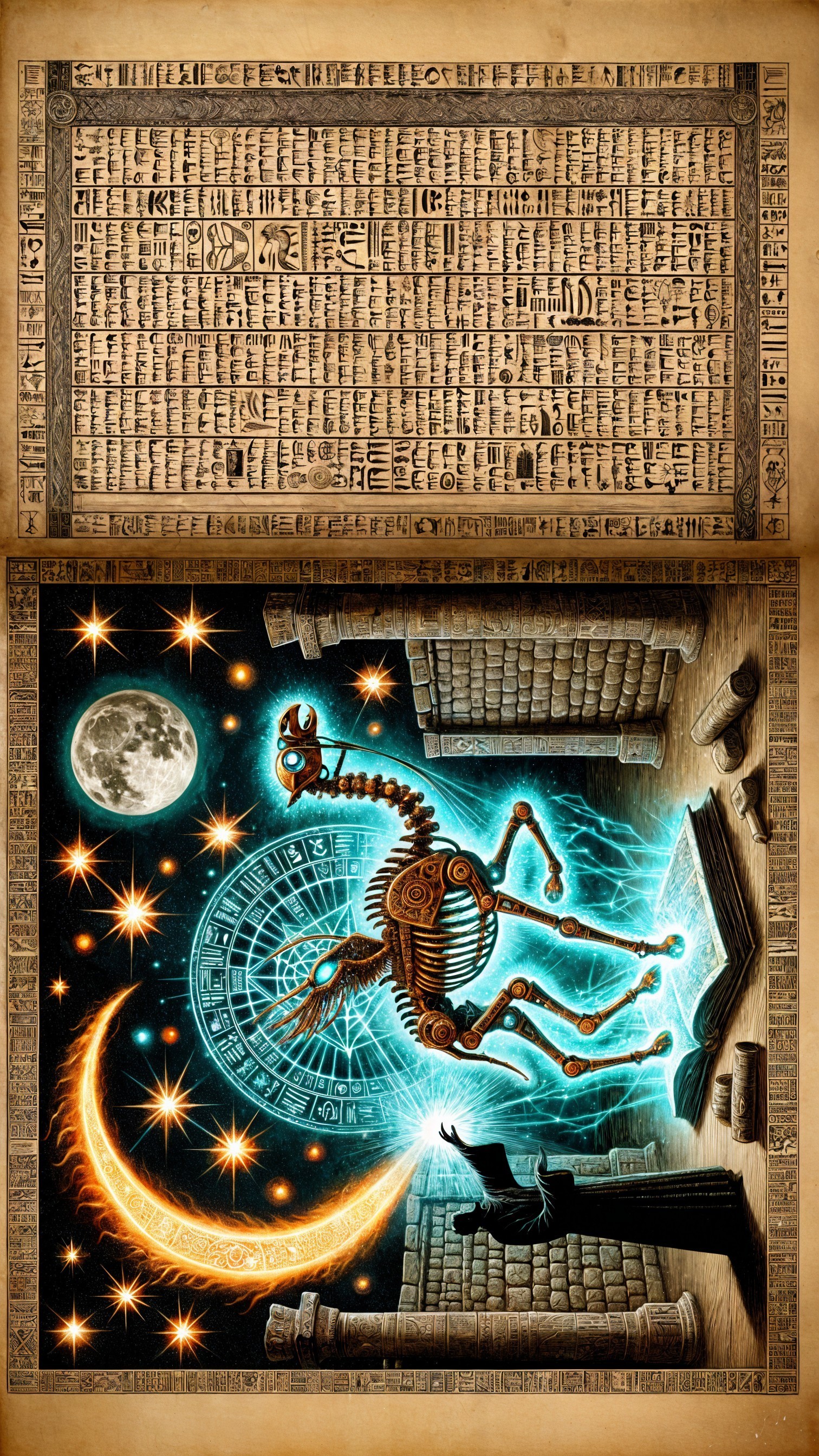 Ancient Text and Robotic Figure in Mystical Library