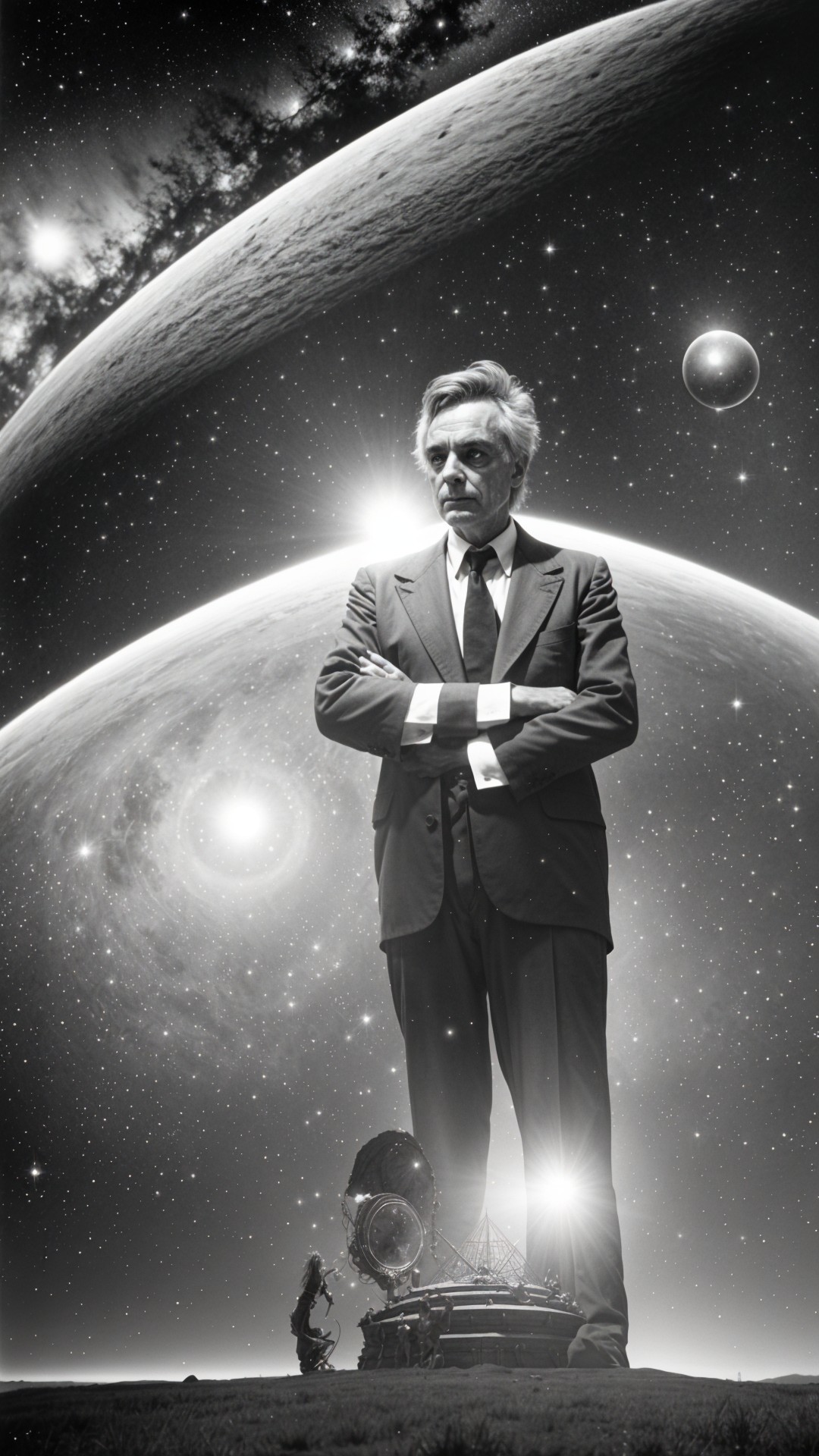 Contemplative Man in Suit Against Cosmic Backdrop