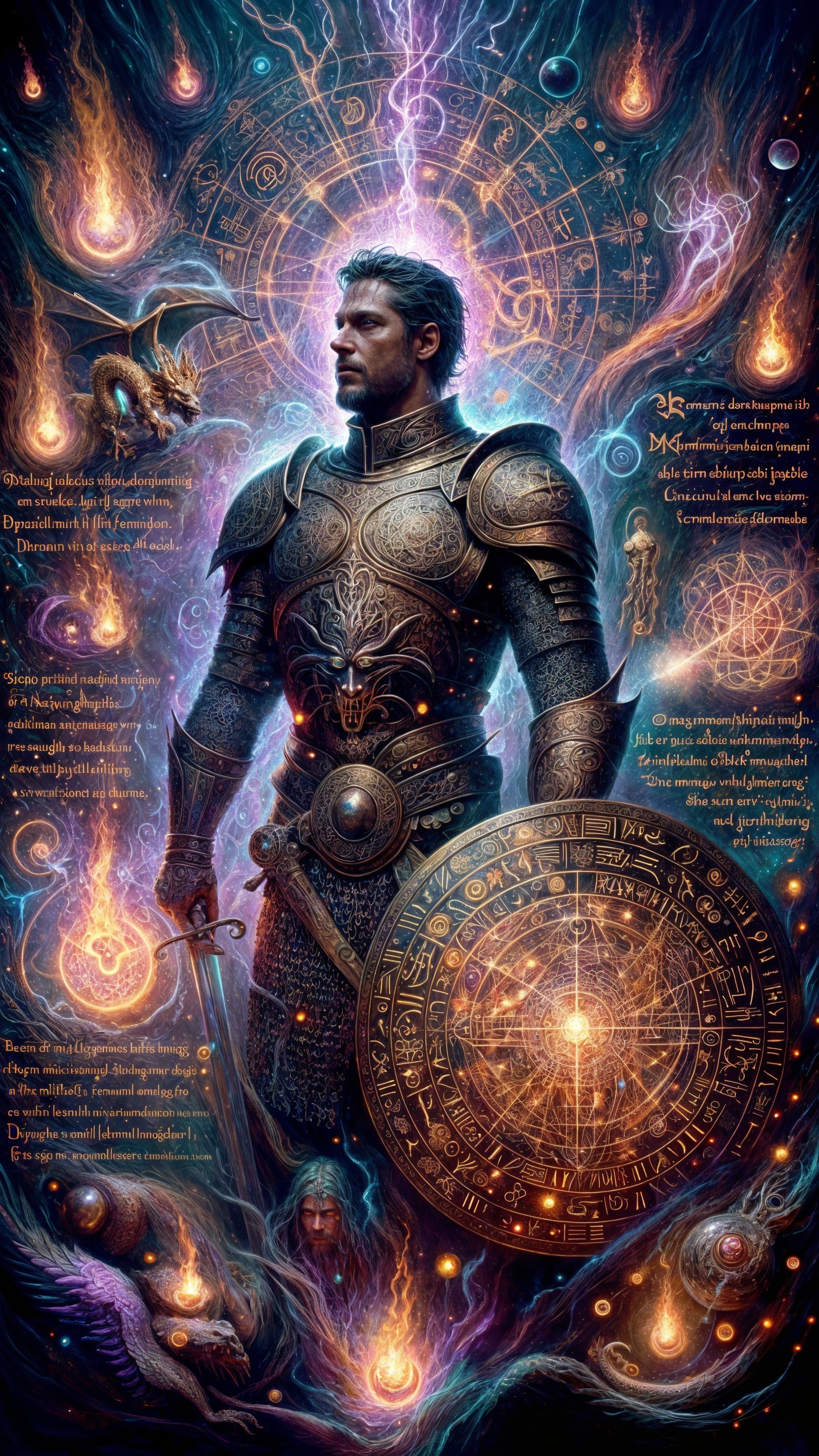 Heroic Figure in Ornate Armor with Mystical Elements