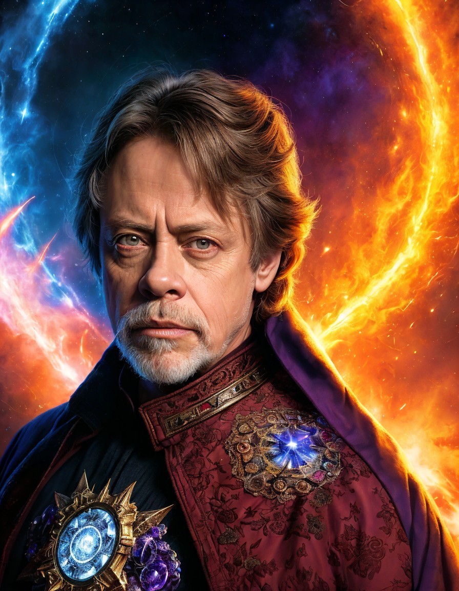 Character in Detailed Robe Against Cosmic Backdrop