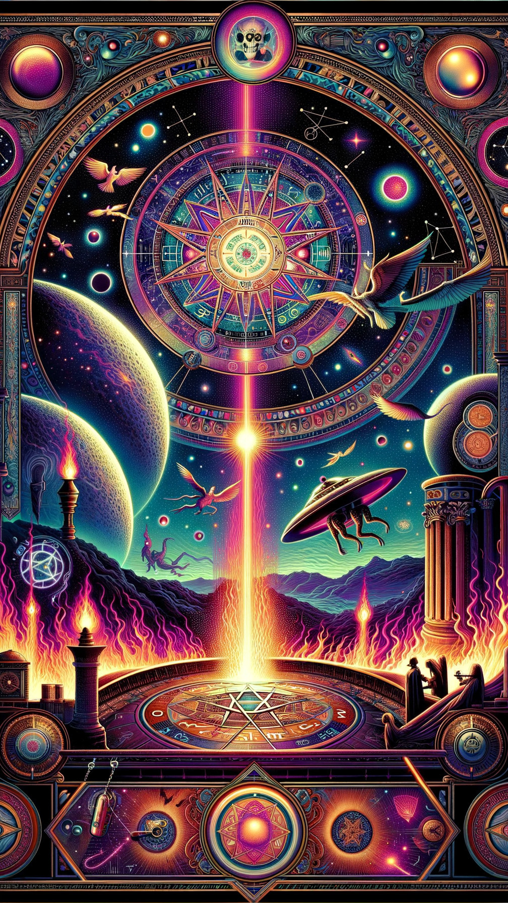 Vibrant Cosmic Scene with Mandala and Celestial Bodies