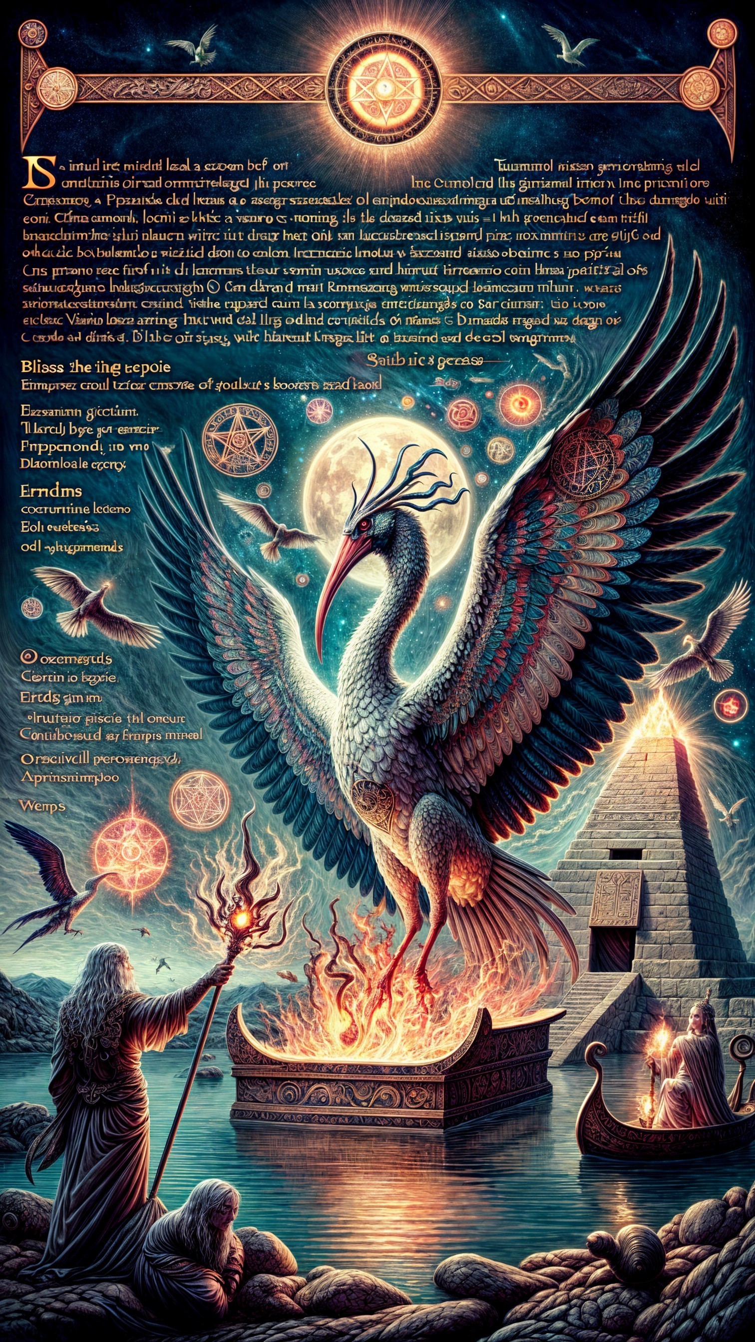 Mythical Crane Creature on Glowing Water Platform