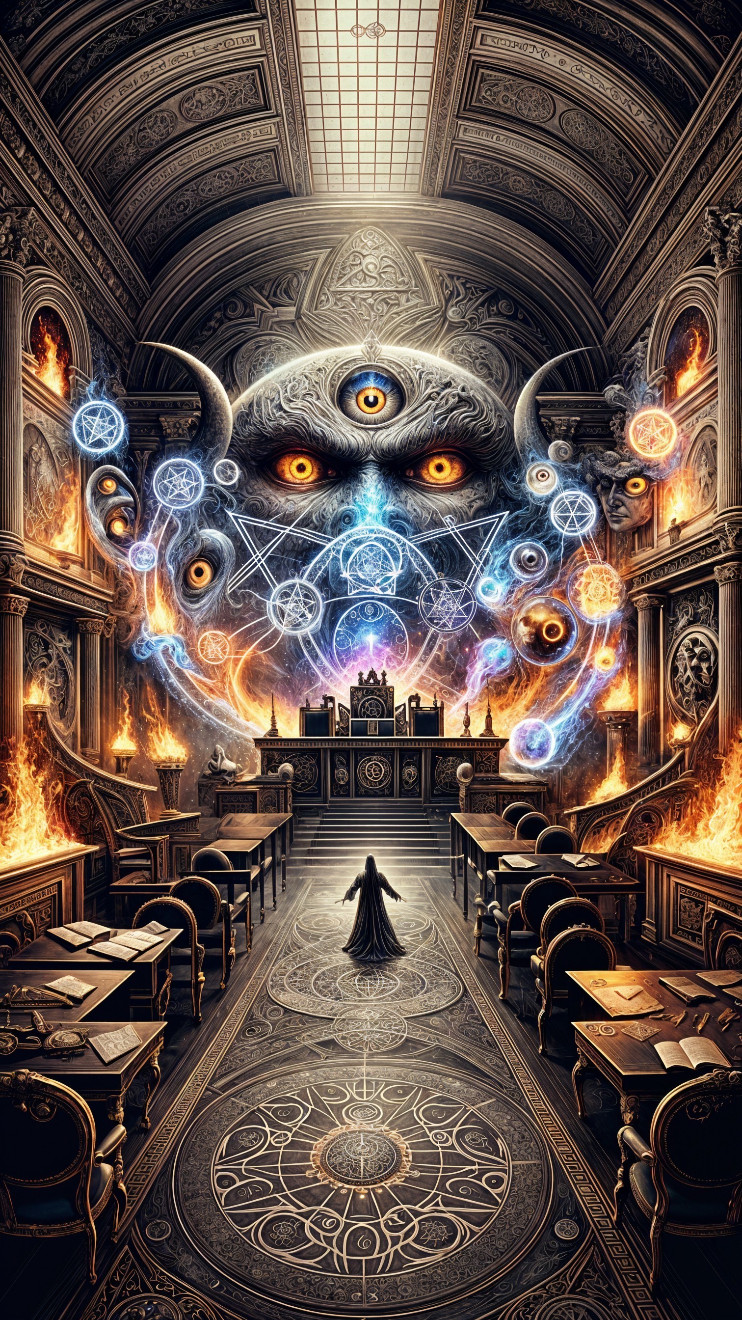 Cloaked Figure in Opulent Hall with Arcane Energy