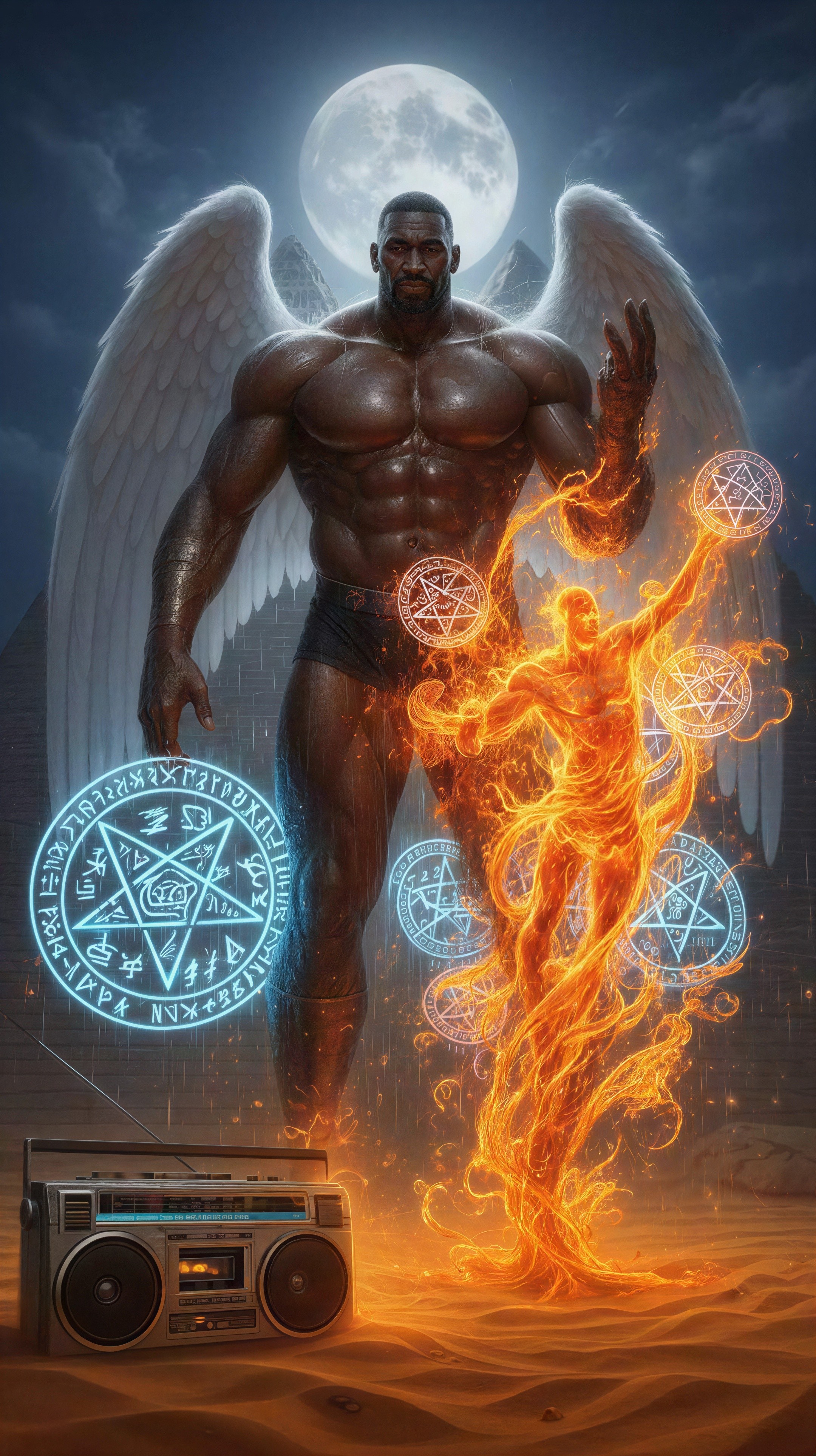Muscled Black Man with Angel Wings and Pyramids