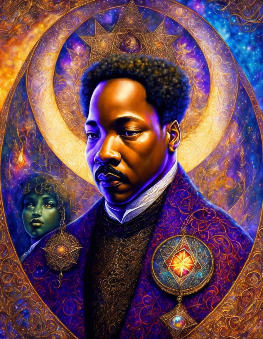 Regal Figure in Purple Robe with Colorful Backdrop