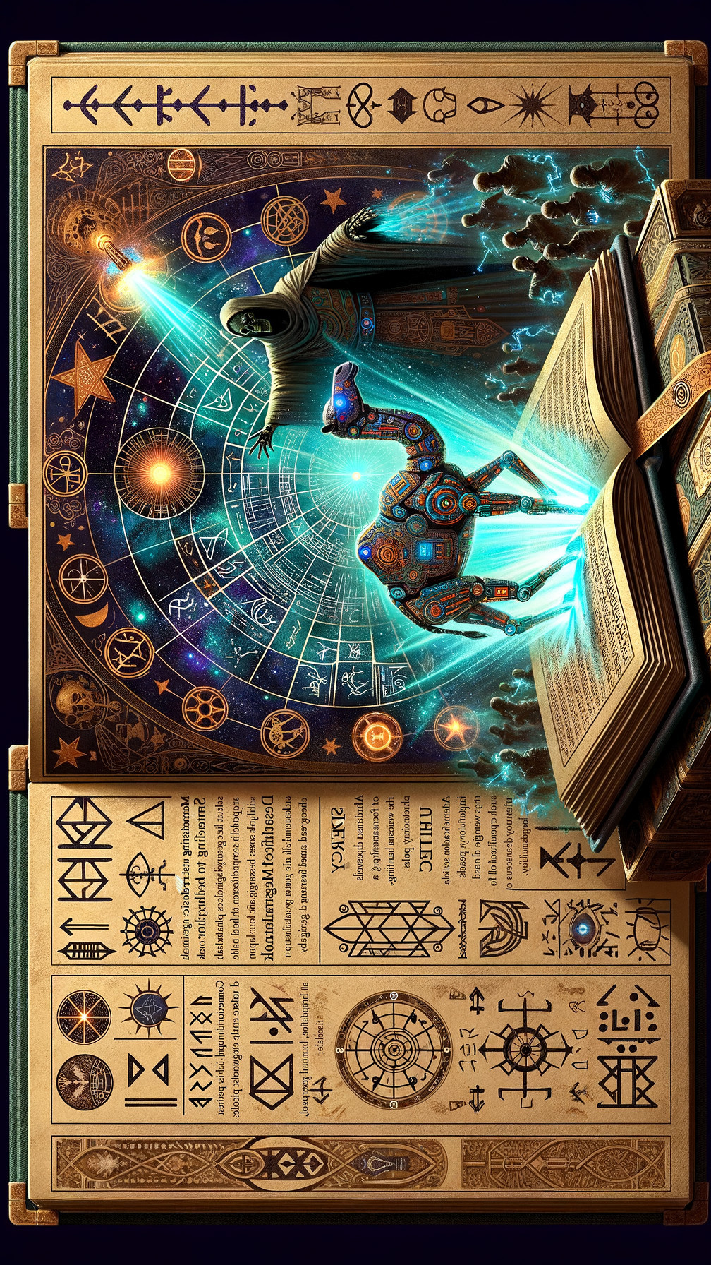 Mystical Scene with Ancient Book and Celestial Patterns