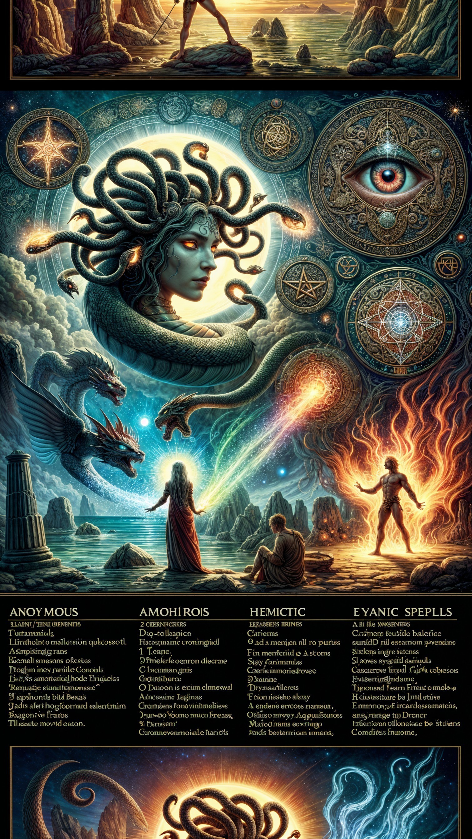 Mystical Scene with Cosmic Symbols and Mythical Creatures