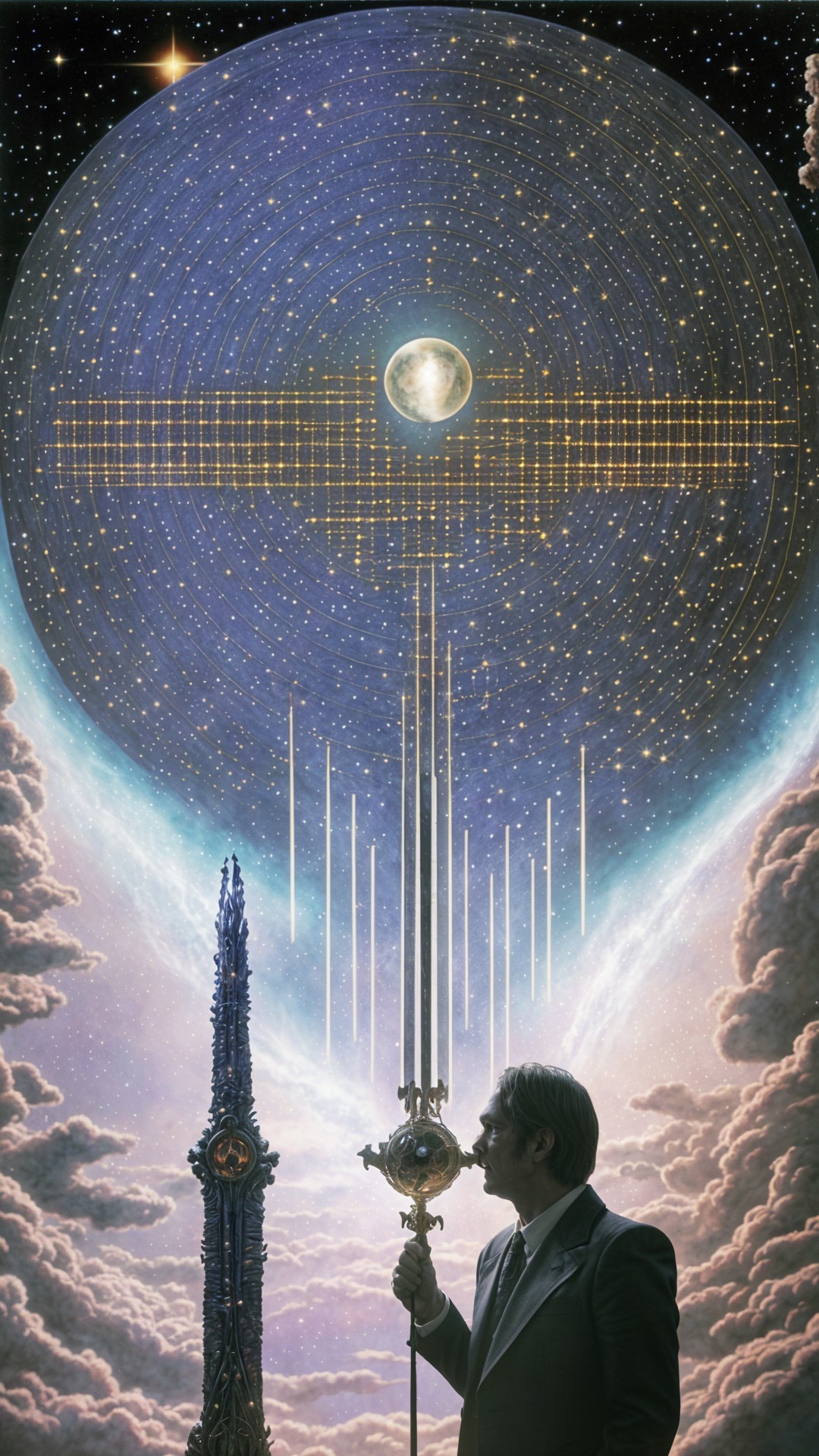 Figure in Suit with Staff Against Cosmic Backdrop