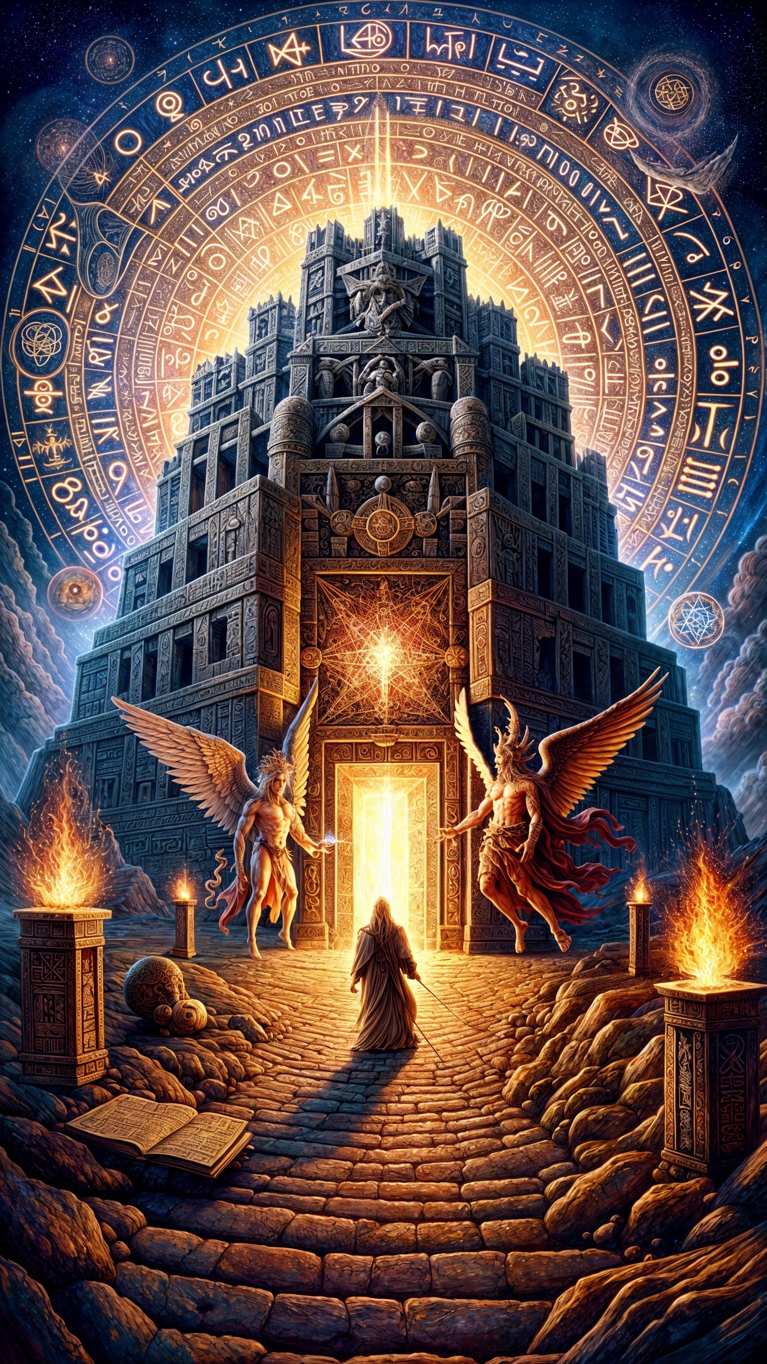 Ancient Tower Surrounded by Clouds and Winged Guardians