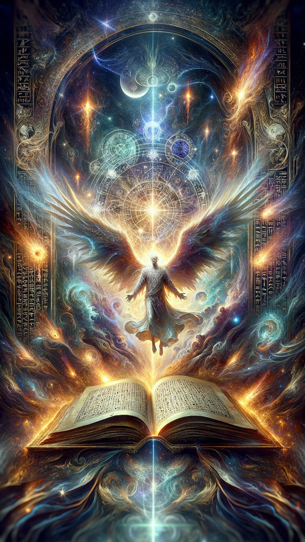 Celestial Figure Above Open Book in Vibrant Cosmos