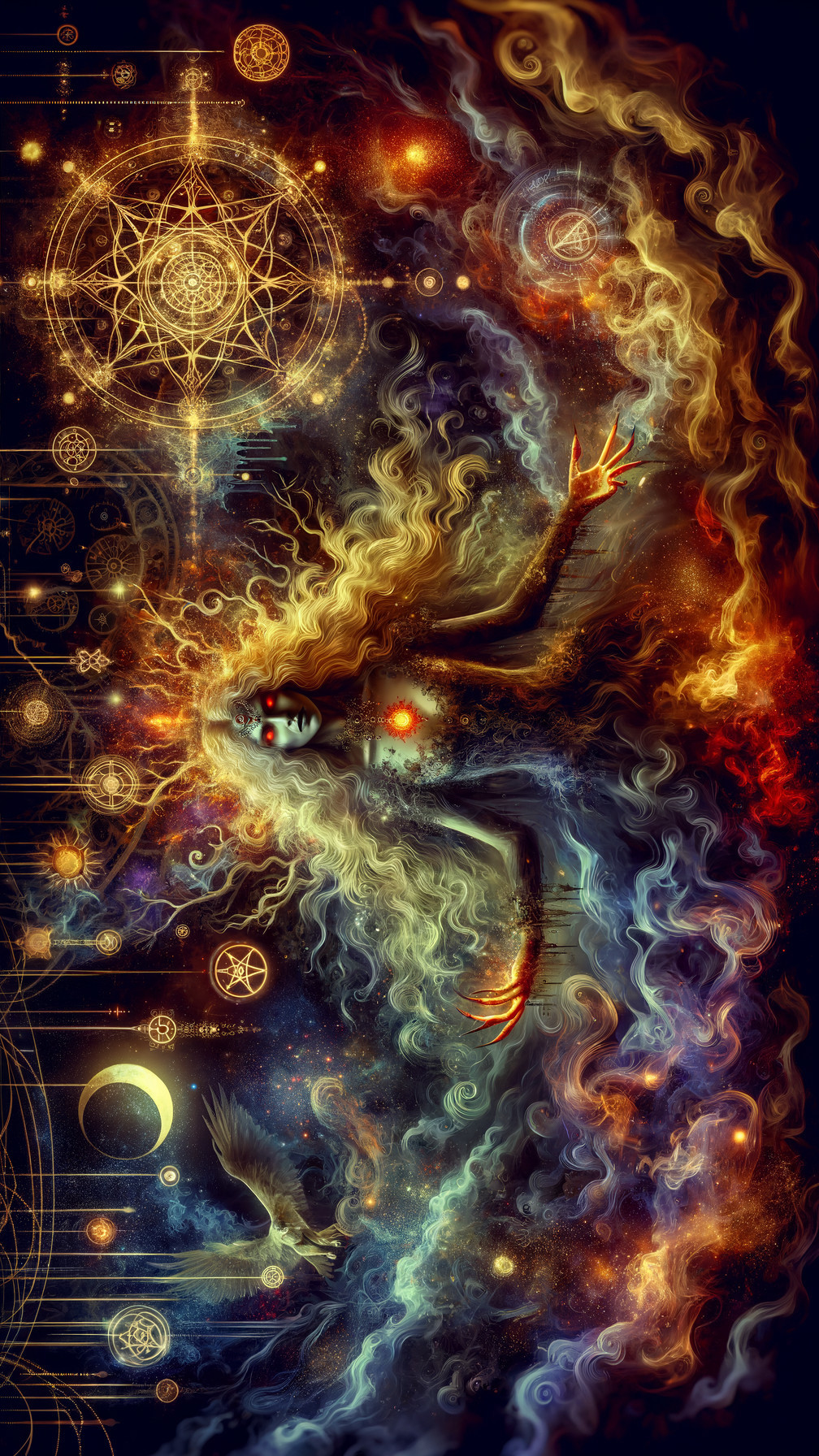 Mystical Figure in Cosmic Backdrop with Vibrant Colors
