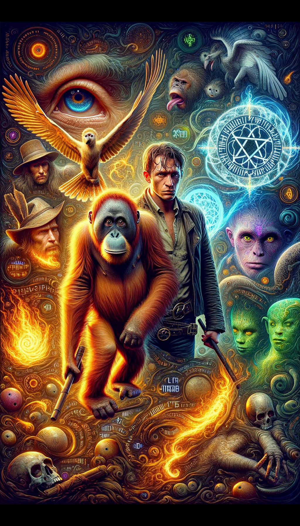 Surreal Scene with Central Figure and Mystical Beings