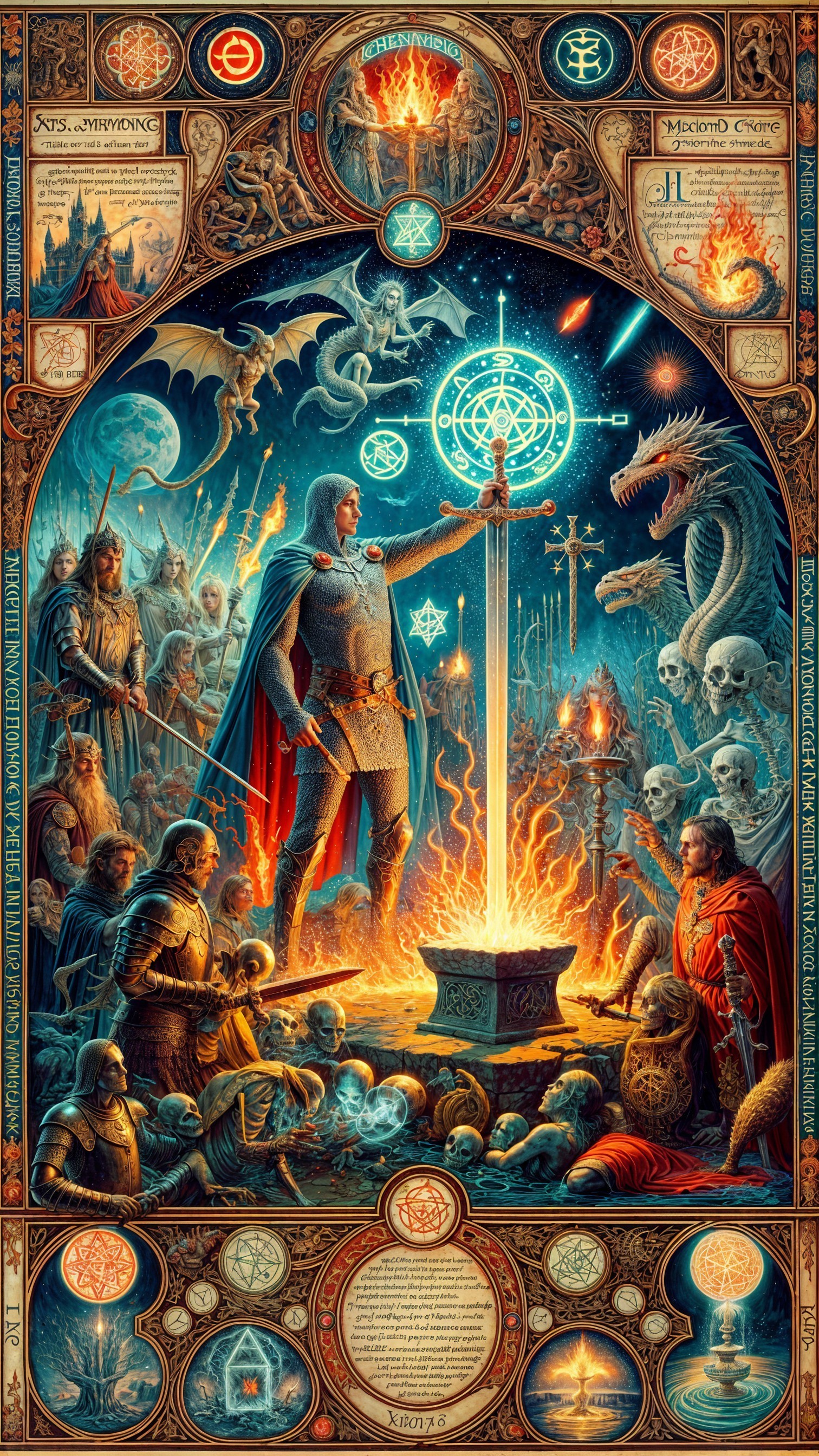 Knight with Glowing Sword at Blazing Altar Scene
