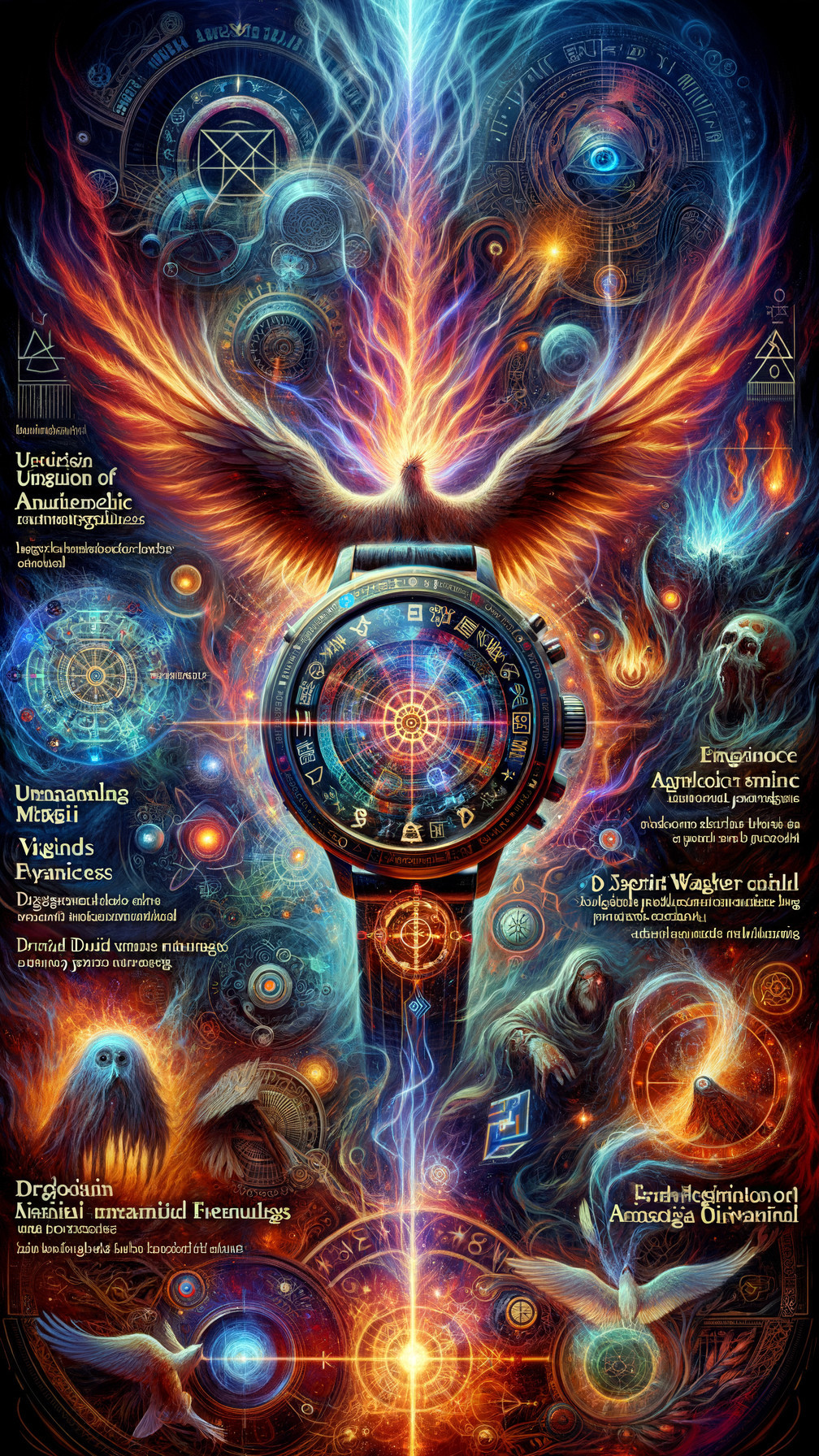 Vibrant Cosmic Scene with Mystical Symbols and Motifs