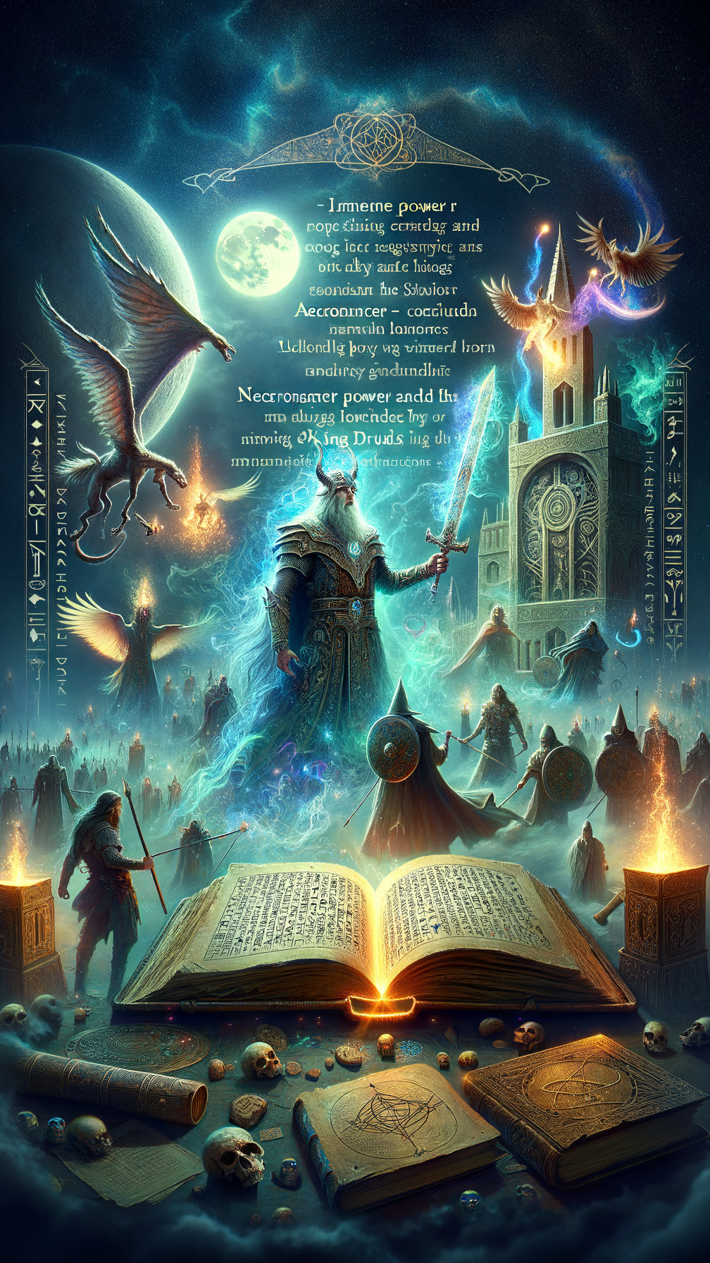 Mystical Scene with Towering Figure and Glowing Sword
