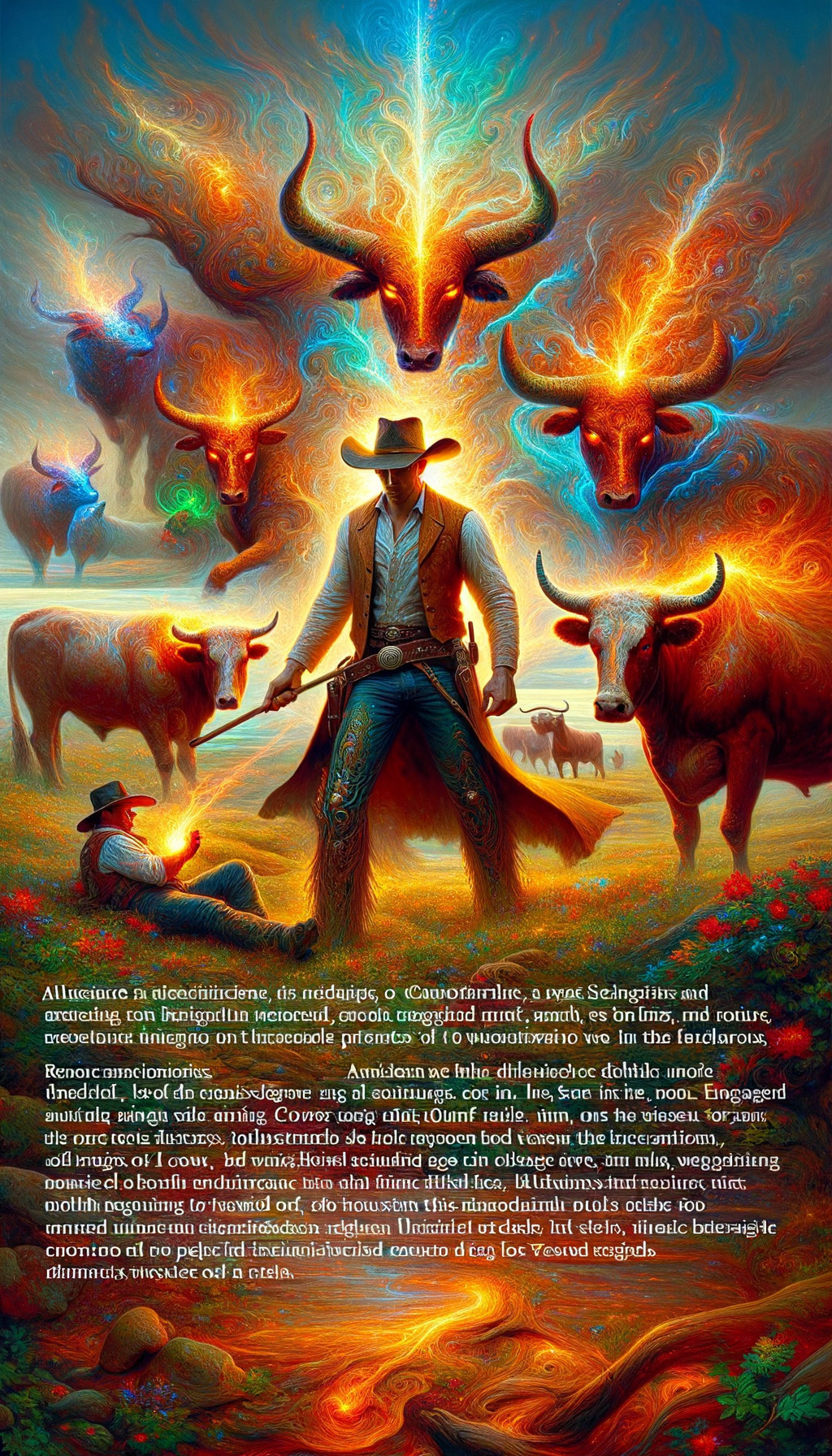 Cowboy in Surreal Landscape with Ethereal Bulls