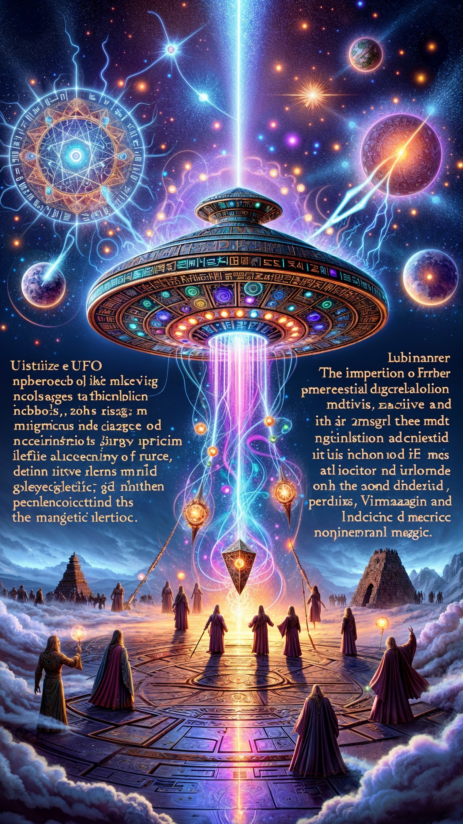 Cosmic Scene with UFO Over Ancient Temple Structure