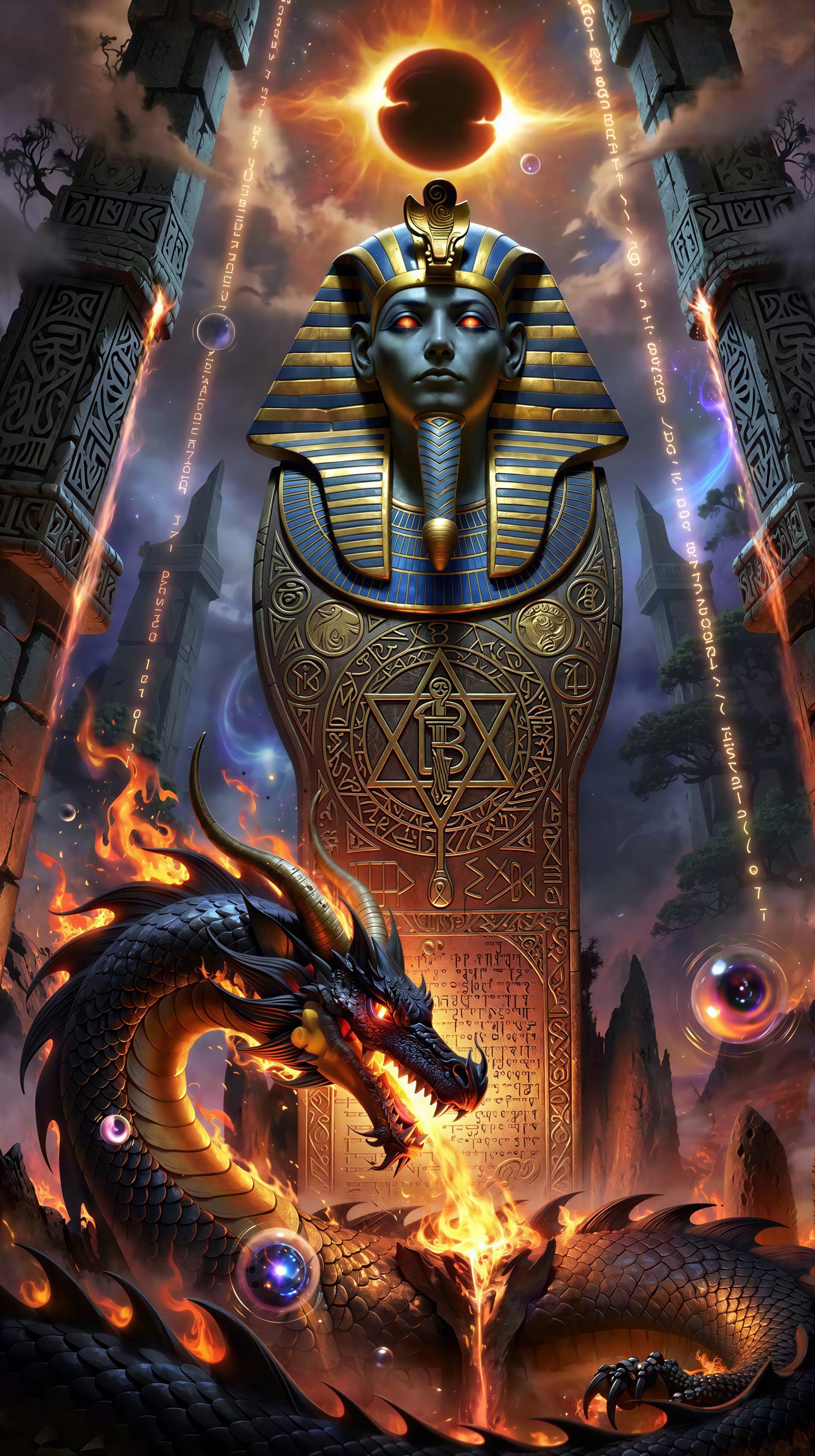 Fantasy Illustration of a Black Dragon and Sarcophagus